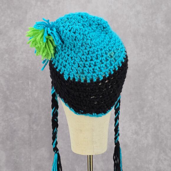 Blue Black Braid Pom Pom Tassel Crochet Funky Knit Bucket Cap Hat Beanie - Picture 4 of 4